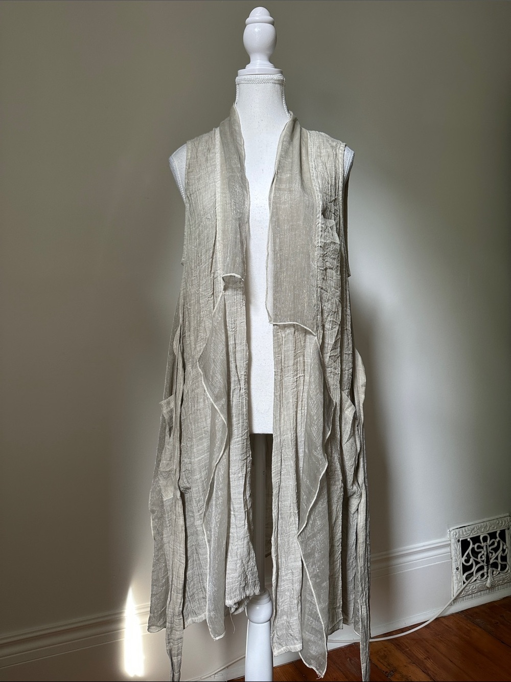 MINKAS Open Front Belted Layered Lagenlook Boho Artsy Sleeveless Cardigan Large